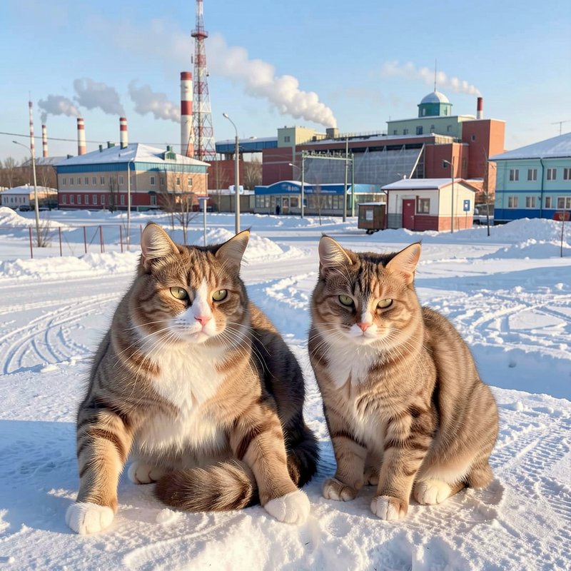 Two fluffy matching brown tabby cats sit on sunlit snow, industrial northern town winter backdrop...