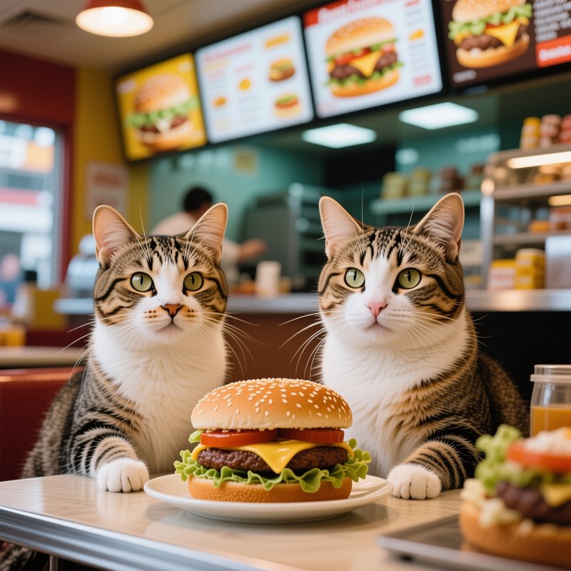Two tabby and white cats sit at a fast food restaurant table staring at a large cheeseburger betw...