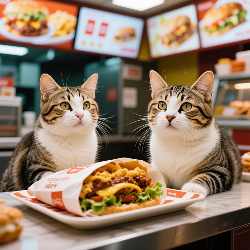 Two tabby and white domestic cats sit at a fast food counter staring at a loaded cheesy burger meal.
