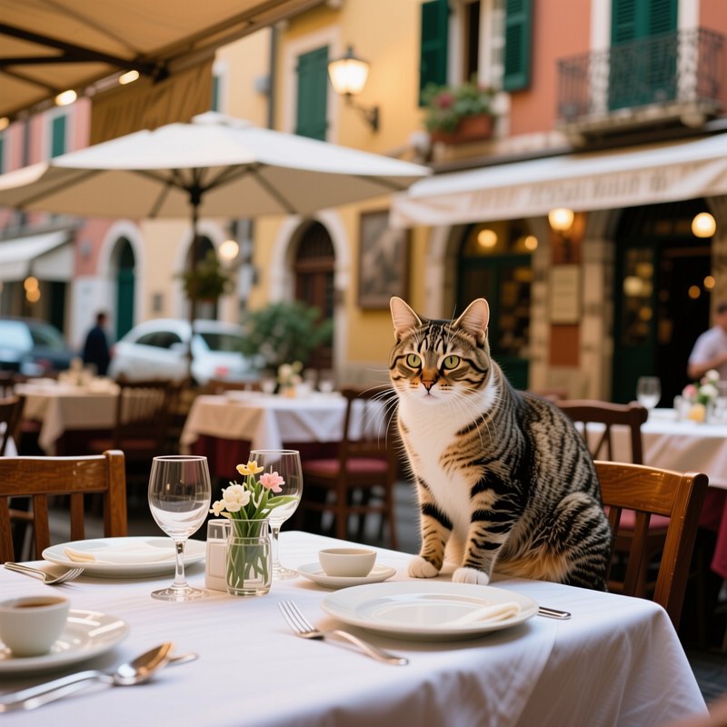 Brown tabby cat sitting on a set dining table at a cozy outdoor Mediterranean sidewalk cafe.