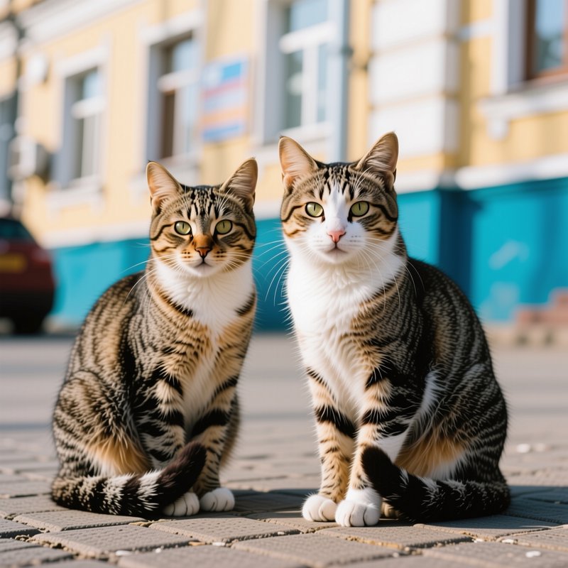 Two tabby-and-white domestic cats sit side by side on a sunlit city sidewalk, facing the viewer.