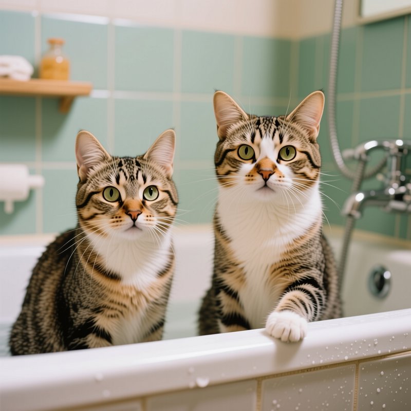 Two wide-eyed tabby cats sit inside a white bathtub, looking curiously at the camera in a mint gr...
