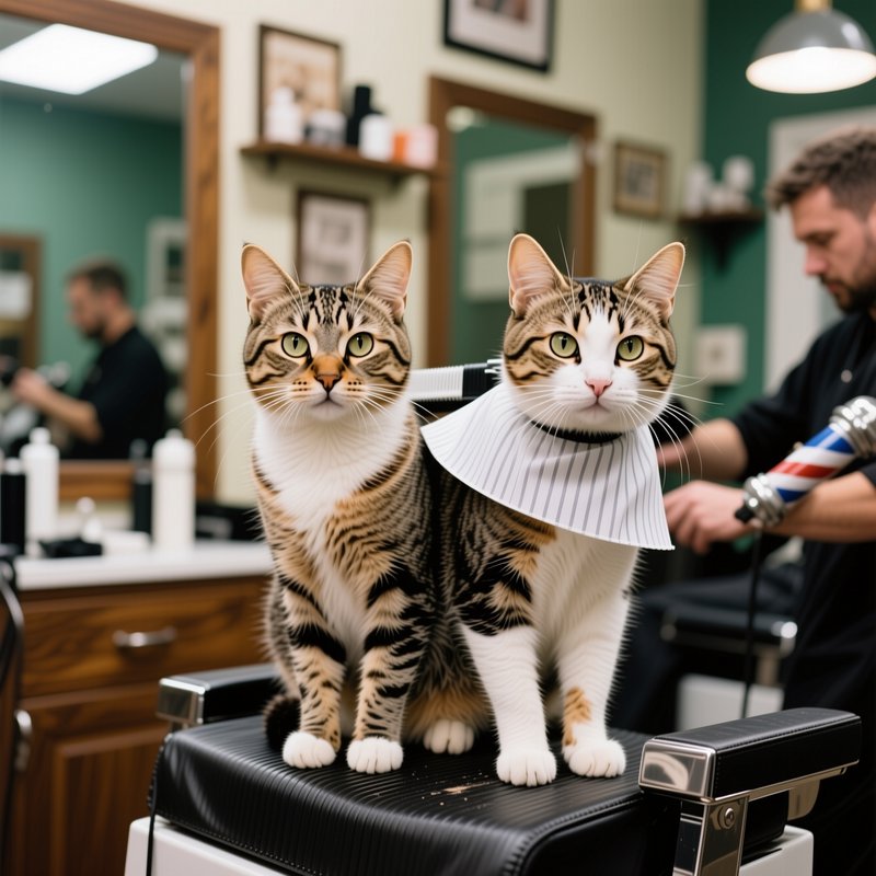 Two tabby cats sit side-by-side on a barber shop chair, one wearing a barber cape, with a barber ...