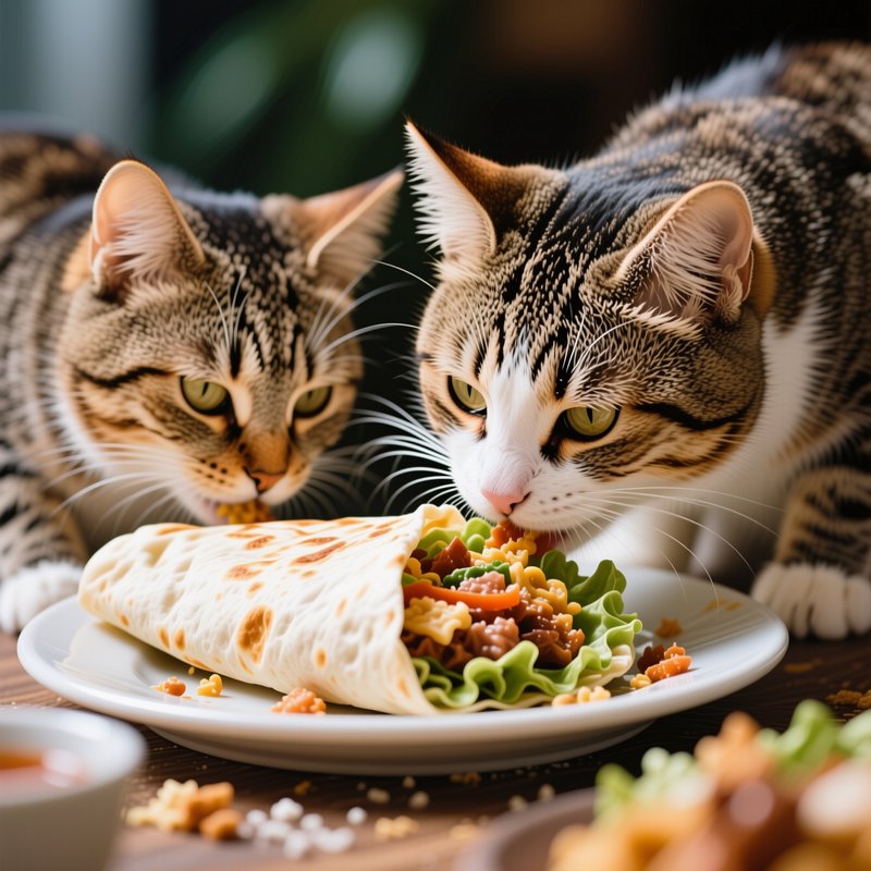 Two tabby and white domestic cats take bites from a loaded stuffed tortilla wrap resting on a whi...