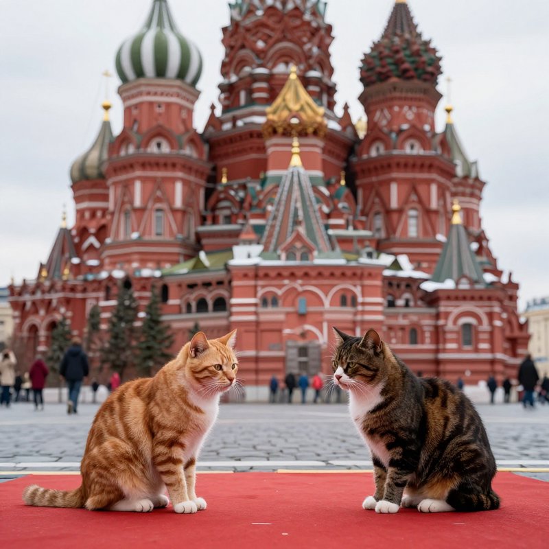 Orange ginger tabby and brown tabby cats sit on red carpet in front of St. Basil's Cathedral, Mos...