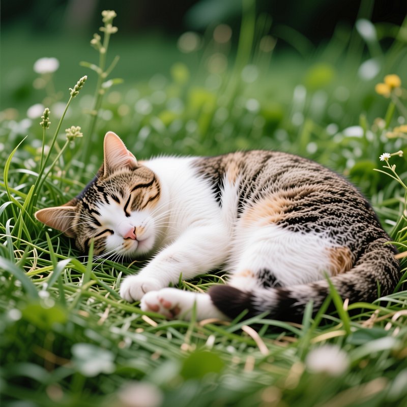 Sleeping tabby and white domestic cat rests peacefully curled in lush sunlit green grass dotted w...