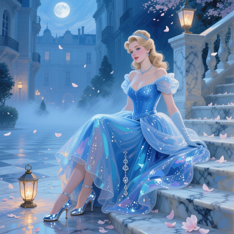 Cinderella sits on a marble palace staircase in her sparkly blue gown under a full moon