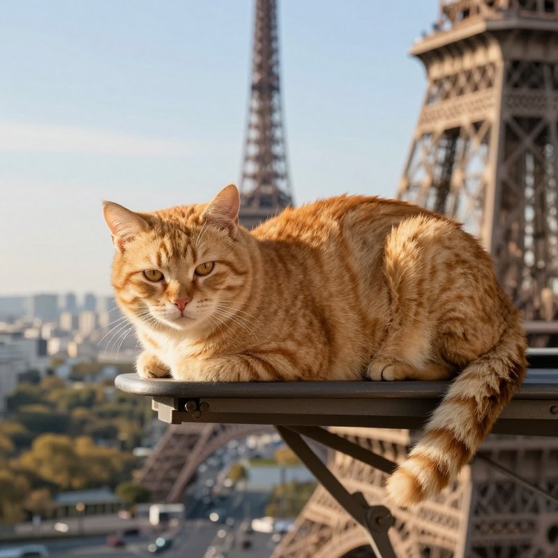 Fluffy ginger tabby cat resting on an Eiffel Tower observation ledge overlooking Paris city