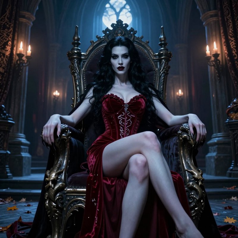 Pale vampire queen in a red velvet gown sits regally on an ornate gothic throne in a candle-lit c...