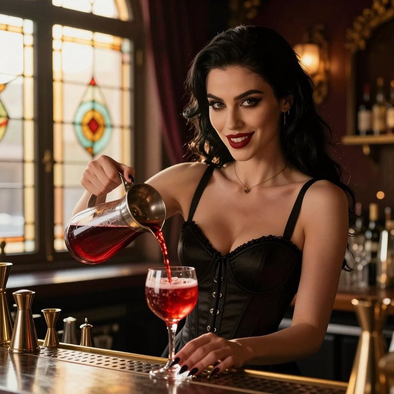 Glamorous female bartender pouring a red cocktail into a glass at a vintage speakeasy bar