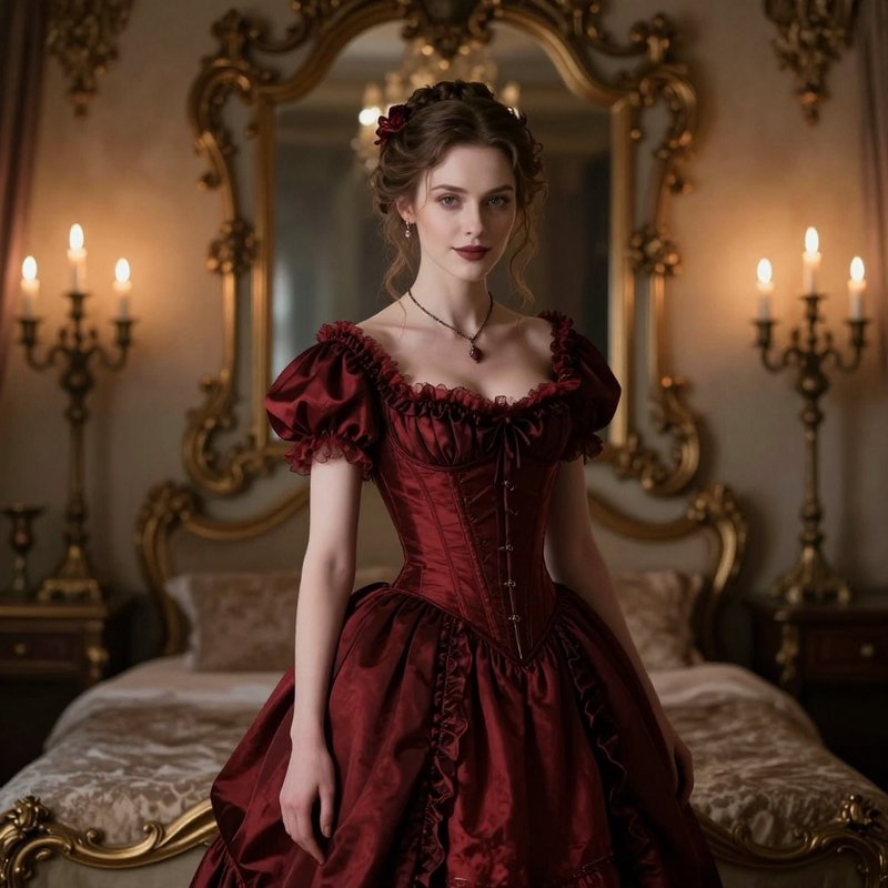 Elegant woman in a deep red Victorian ballgown standing in an ornate gilded bedroom