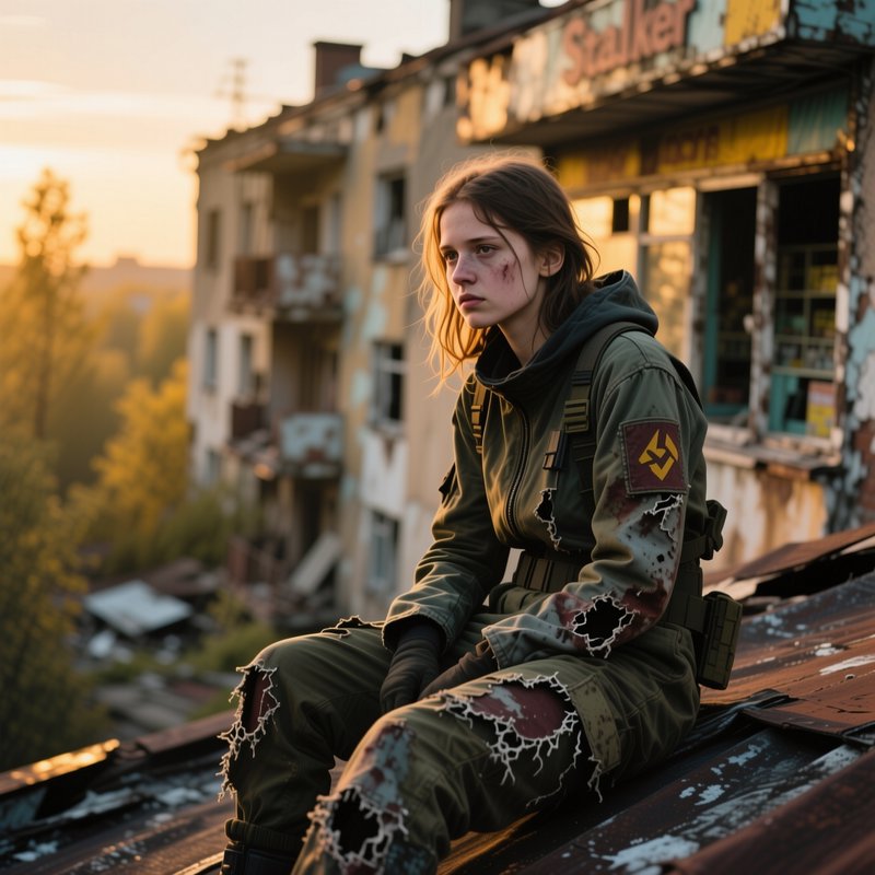 Wounded young survivor in tattered tactical gear sits on a rusted rooftop above derelict apartments at golden sunset