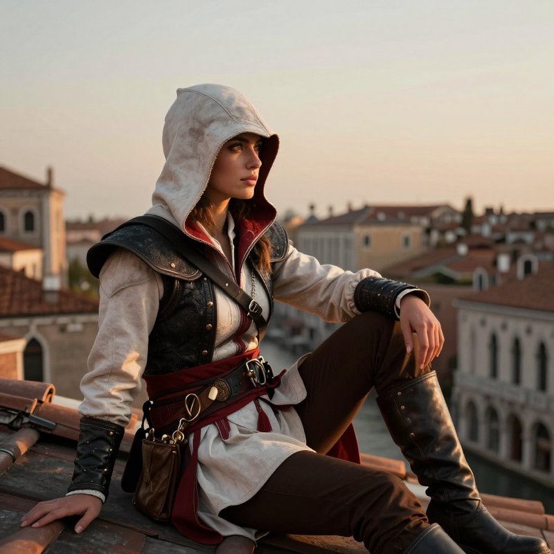 Female Assassin's Creed character sits on a Venice rooftop overlooking the city at golden sunset