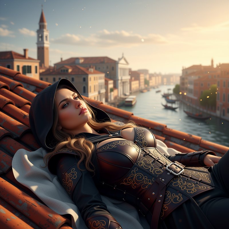 Female hooded assassin in ornate leather armor rests on a Venice rooftop overlooking a canal at g...