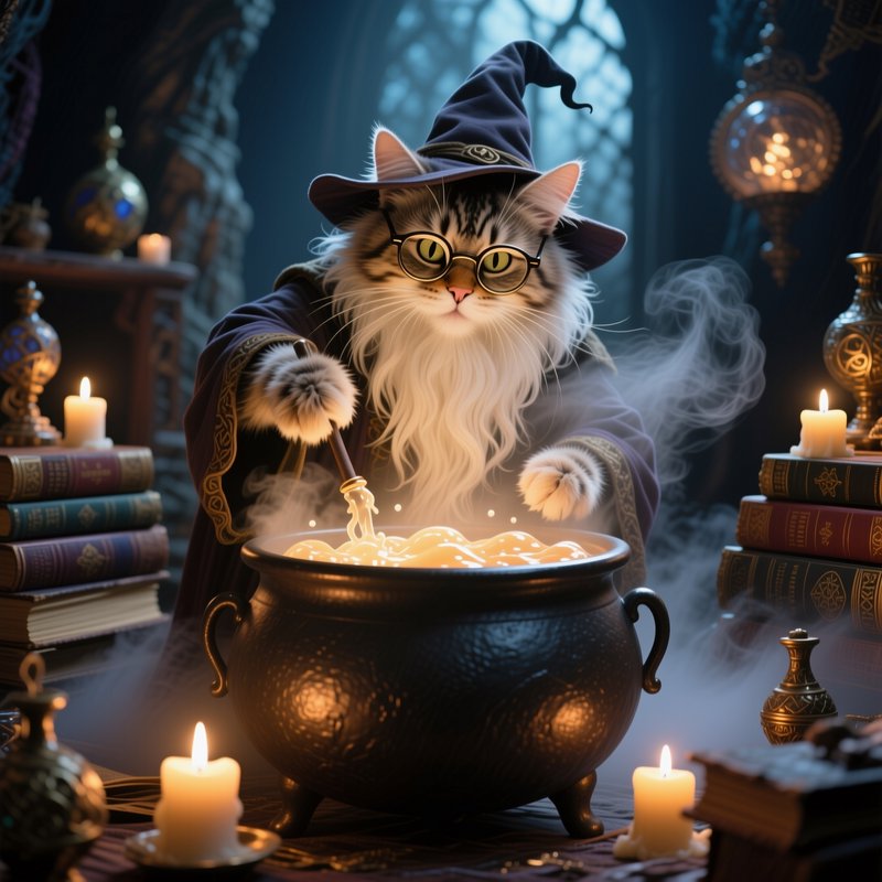 Fluffy tabby cat wizard stirs a glowing bubbling cauldron in a candlelit magical study