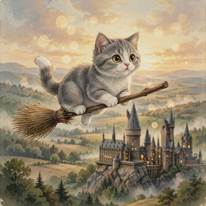 Fluffy grey tabby kitten rides a flying broomstick above a magical wizarding castle at golden sunset