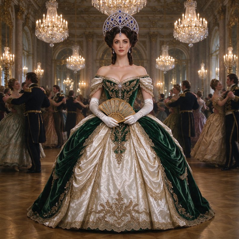 Regal noblewoman in an ornate velvet ballgown and sapphire tiara stands in a gilded royal palace ...