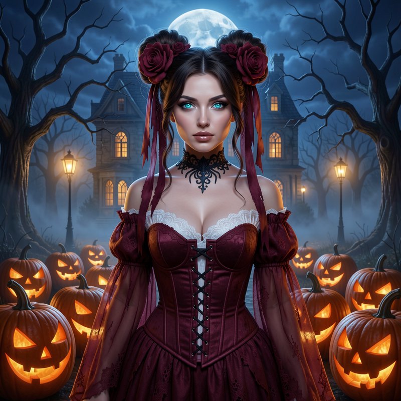 Gothic woman in a burgundy Halloween gown stands surrounded by jack-o-lanterns before a haunted m...