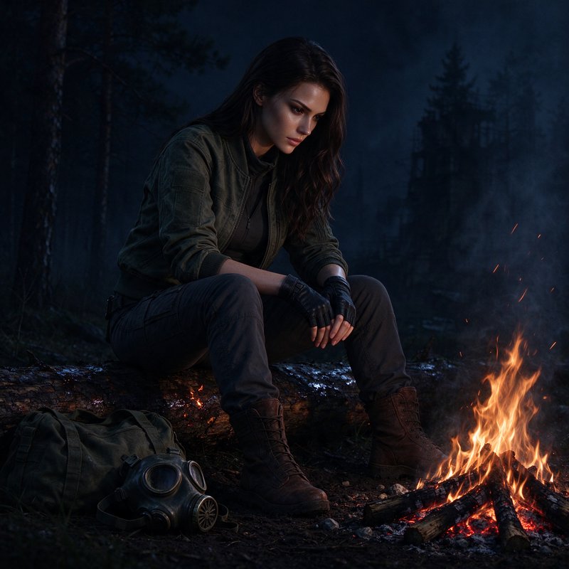 Pensive female post-apocalyptic survivor sits on a log beside a campfire in a misty dark forest
