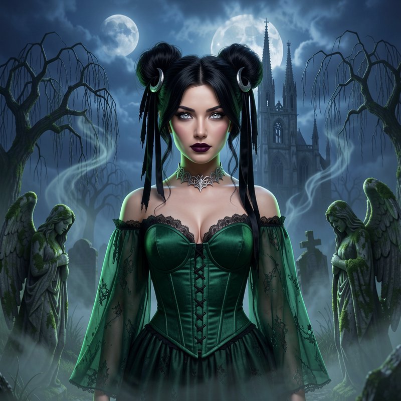 Gothic woman in a green corset gown stands in a misty moonlit graveyard flanked by mossy angel st...