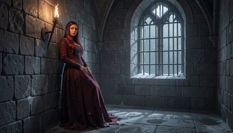 Red-haired woman in a tattered burgundy medieval gown leans against a stone cell wall beside a li...