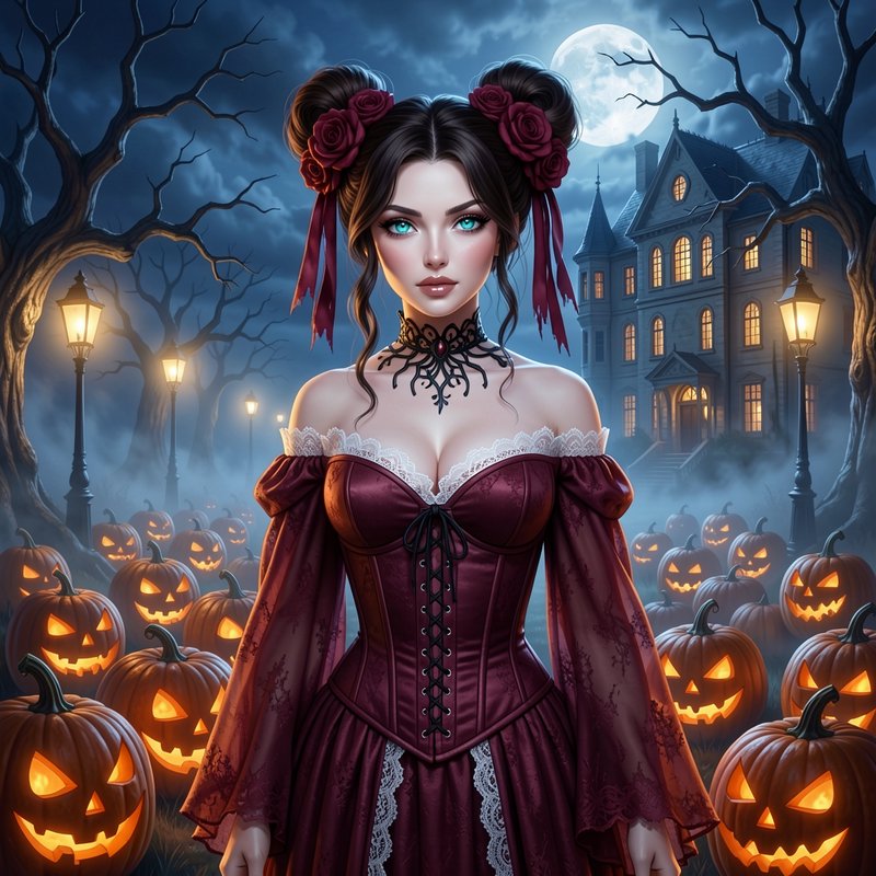 Gothic woman in a burgundy gown stands among glowing jack-o-lanterns before a haunted Halloween m...