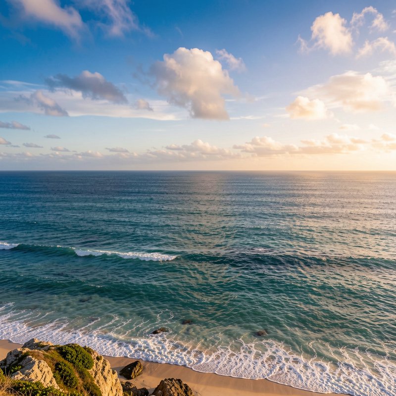 High angle cliffside view of rolling turquoise ocean waves meeting a sandy beach at golden hour