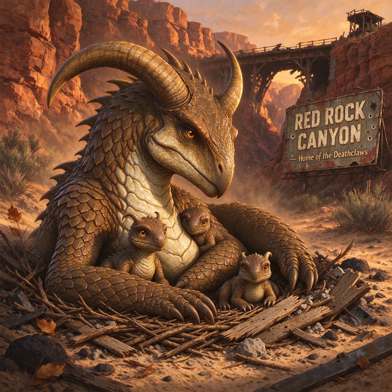 Adult horned deathclaw curled around three baby hatchlings in a desert canyon nest at golden sunset
