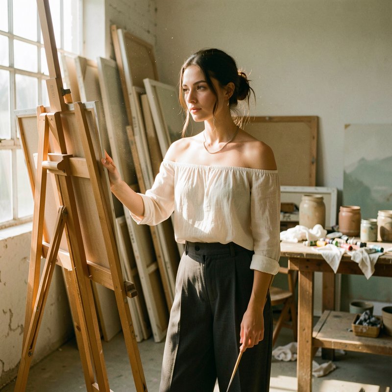 Female artist holding a paintbrush stands at a wooden easel in a sunlit art studio
