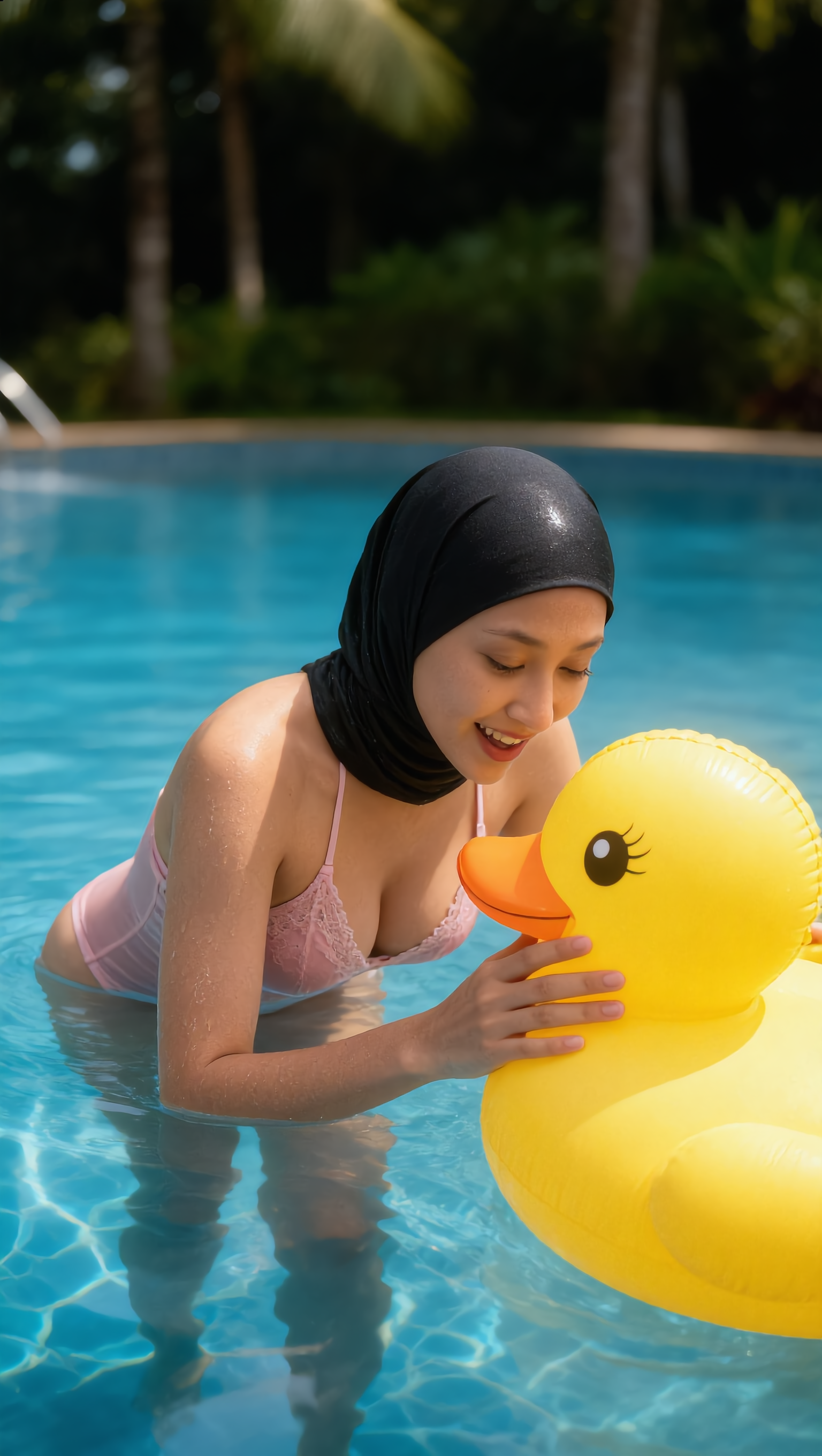 Smiling woman in a swim hijab holds a large yellow duck float in a bright blue swimming pool