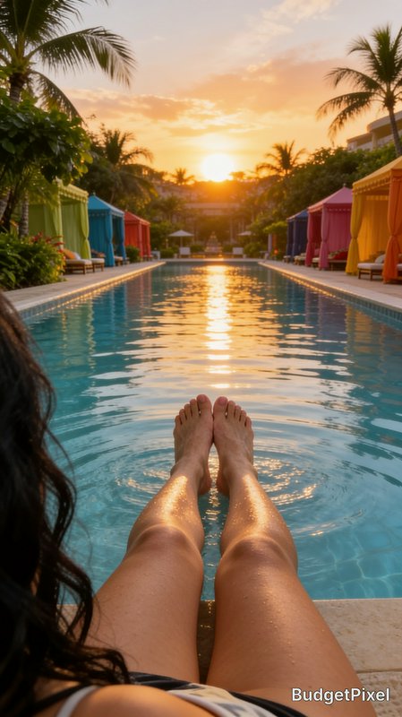 First-person POV of a woman resting her feet in a turquoise resort pool during a warm golden sunset