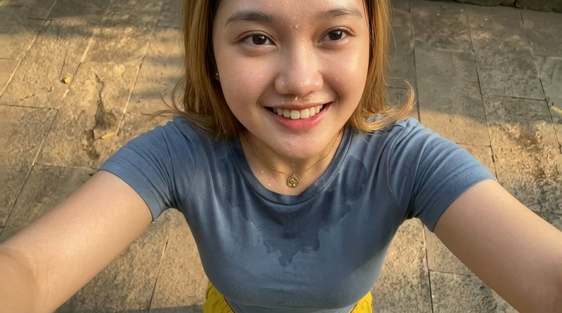 Close-up selfie of smiling sweaty young woman outdoors post-workout, wearing a blue athletic shir...