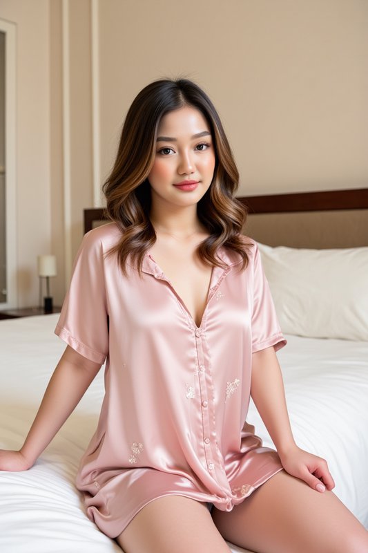 Young woman in blush pink satin sleep shirt sits smiling on a sunlit bedroom bed, looking at the camera.