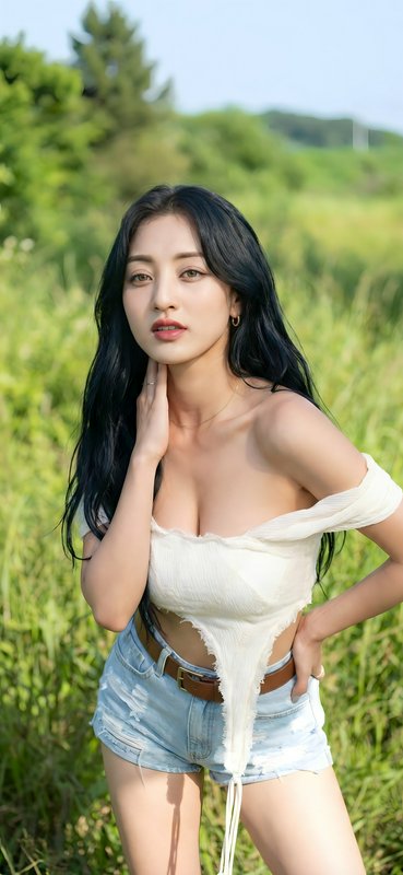 Young woman with long wavy black hair posing in a sunlit lush green meadow, wearing a cream off-s...
