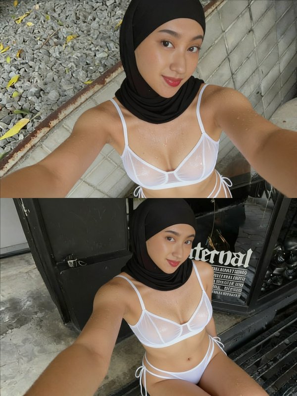 Stacked two-panel selfie of woman in black swim hijab and white sheer bikini taking casual post-s...