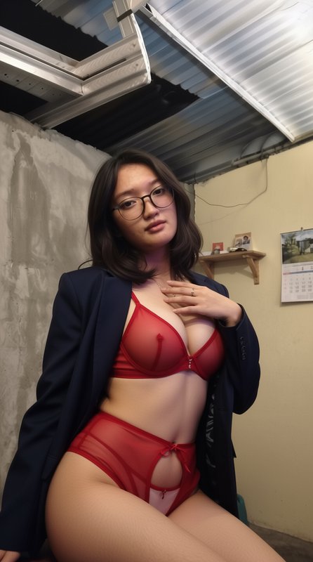 Young woman with round glasses wears red sheer lingerie and an open navy blazer posing indoors