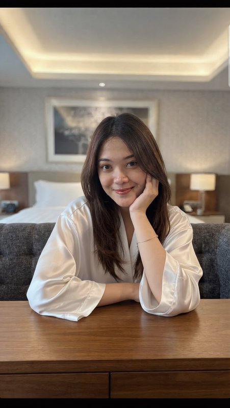 Smiling woman in a white silk robe rests her cheek on her hand while seated in a luxury hotel room