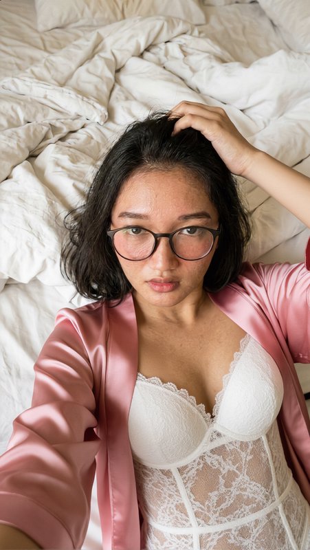 Woman with round glasses takes a casual morning selfie while seated on a rumpled white bed