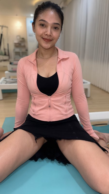 Smiling young woman in a pink athletic jacket seated on a pilates reformer in a bright studio