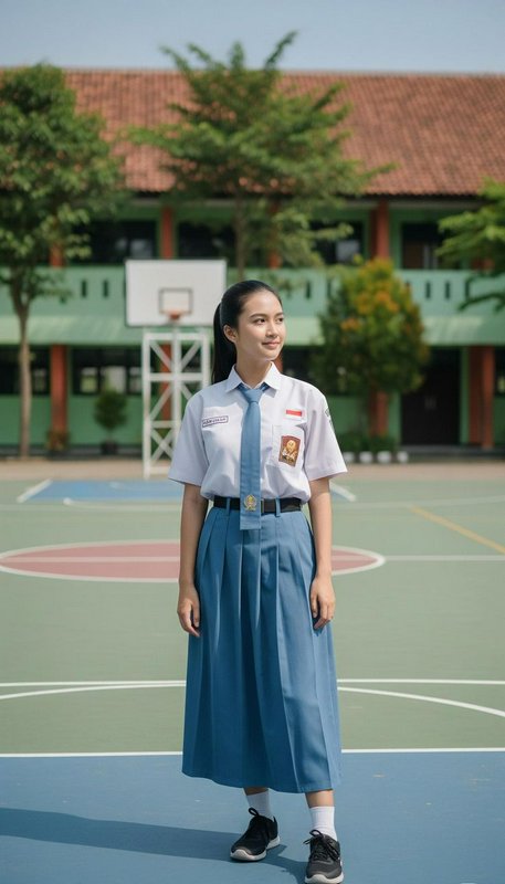 Teenage Indonesian high school student in uniform standing on an outdoor school basketball court