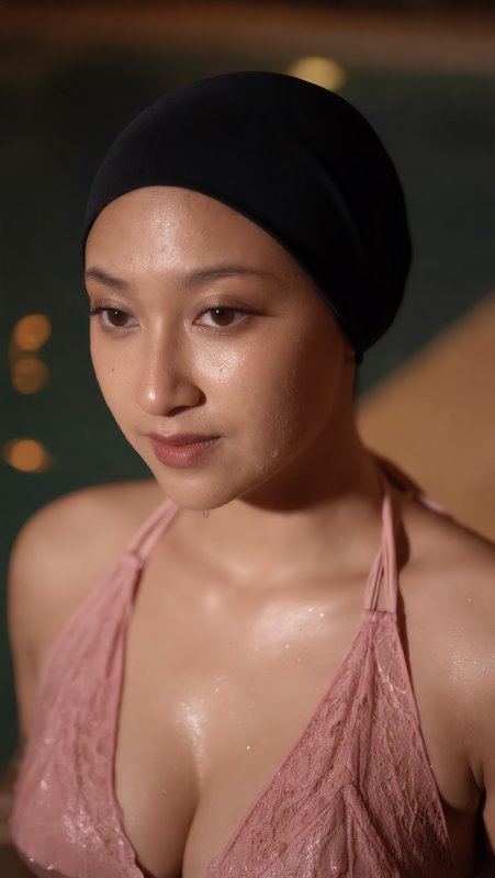 Woman wearing black swim cap and pink lace halter swimsuit with wet glistening skin by an indoor ...