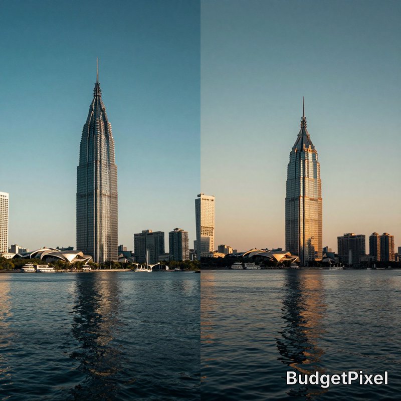 Side-by-side comparison of Jin Mao Tower Shanghai waterfront skyline, contrasting cool left color grade vs warm golden hou...