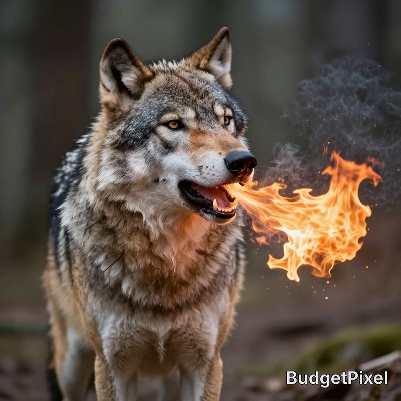 Realistic thick-furred gray wolf breathing bright orange fire, standing in a blurred misty forest...