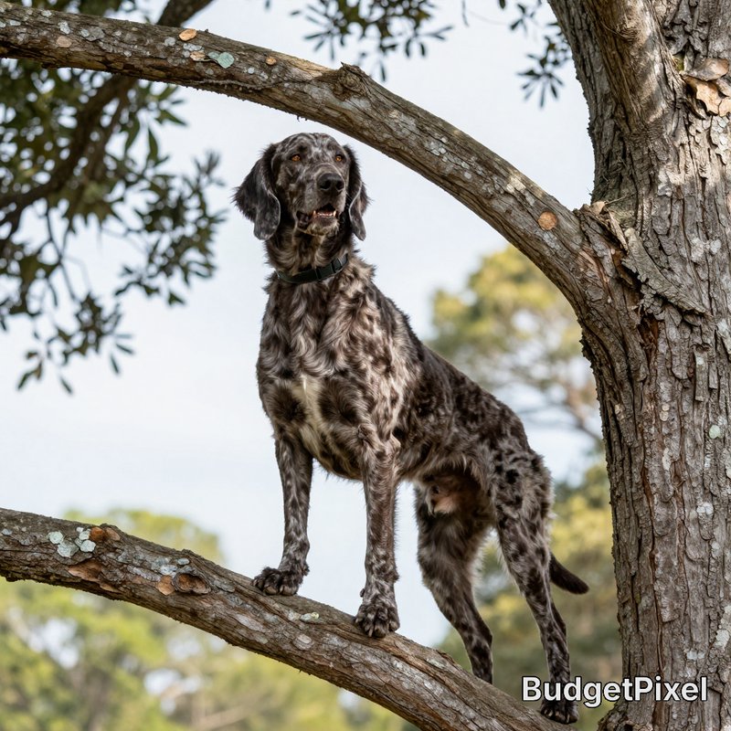 Merle-patterned long-haired dog standing perched on a thick weathered tree branch in a wooded out...