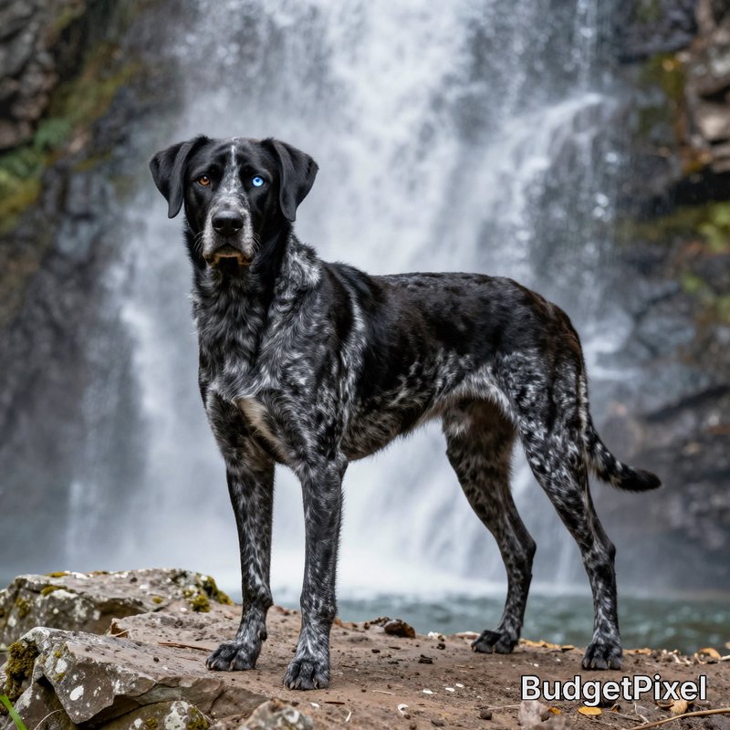 Speckled mixed breed dog with heterochromia stands alert on rocky ground in front of a cascading ...