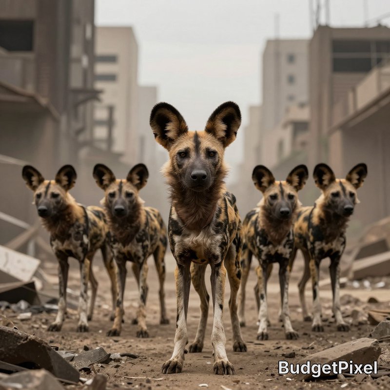 [Pack of African wild dogs stand facing the camera on a rubble-strewn ruined post-apocalyptic city street]