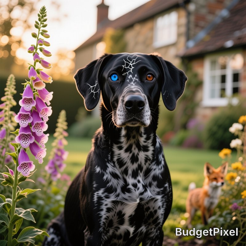 Surreal spotted dog with mismatched eyes sits in a sunlit cottage garden, small red fox in backgr...