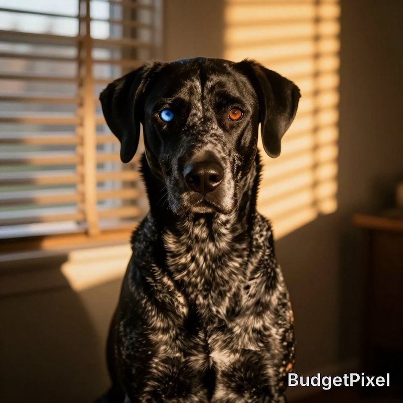 Portrait of a speckled merle dog with heterochromia (one blue, one brown eye) sitting by a sunlit...