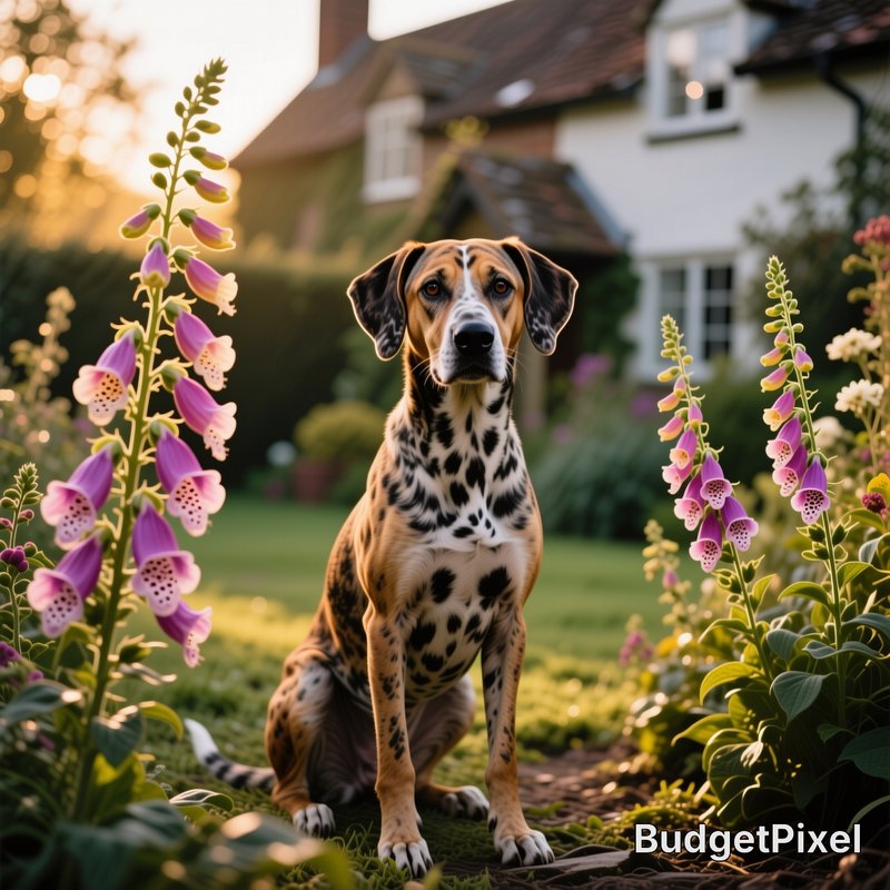 Spotted mixed breed hound sits between purple foxglove blooms in a sunlit cottage garden at golde...