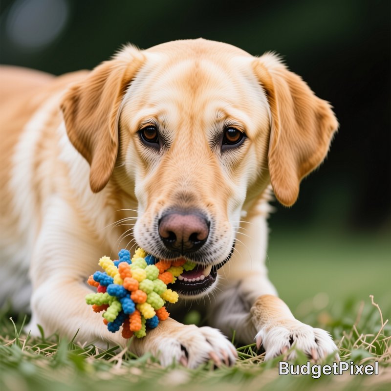 Yellow Labrador retriever lying on grass, holding a colorful spiky chew toy and looking directly ...
